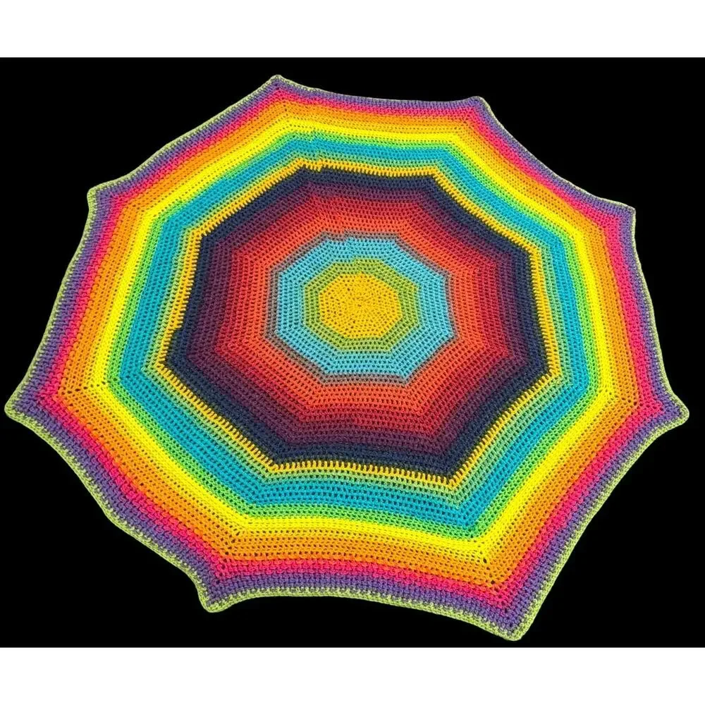 Handmade Rainbow Crochet Afghan 55 Inch Eight Point Star Spiderweb Throw